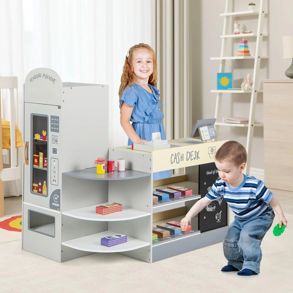 Negozio Alimentare per Bambini, Set di Giocattoli Supermercato in Legno con Cassa, Macchina POS, Distributore Automatico, Lavagna Scrivibile, per Bambini 3-8 Anni (Grigio)