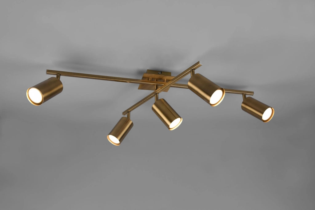 MARLEY PLAFONIERA 2 BARRE ORIENTABILI 5 SPOTS CILINDRO METALLO OTTONE ANTICATO L. 77,4CM 5 LUCI ATTACCO GU10