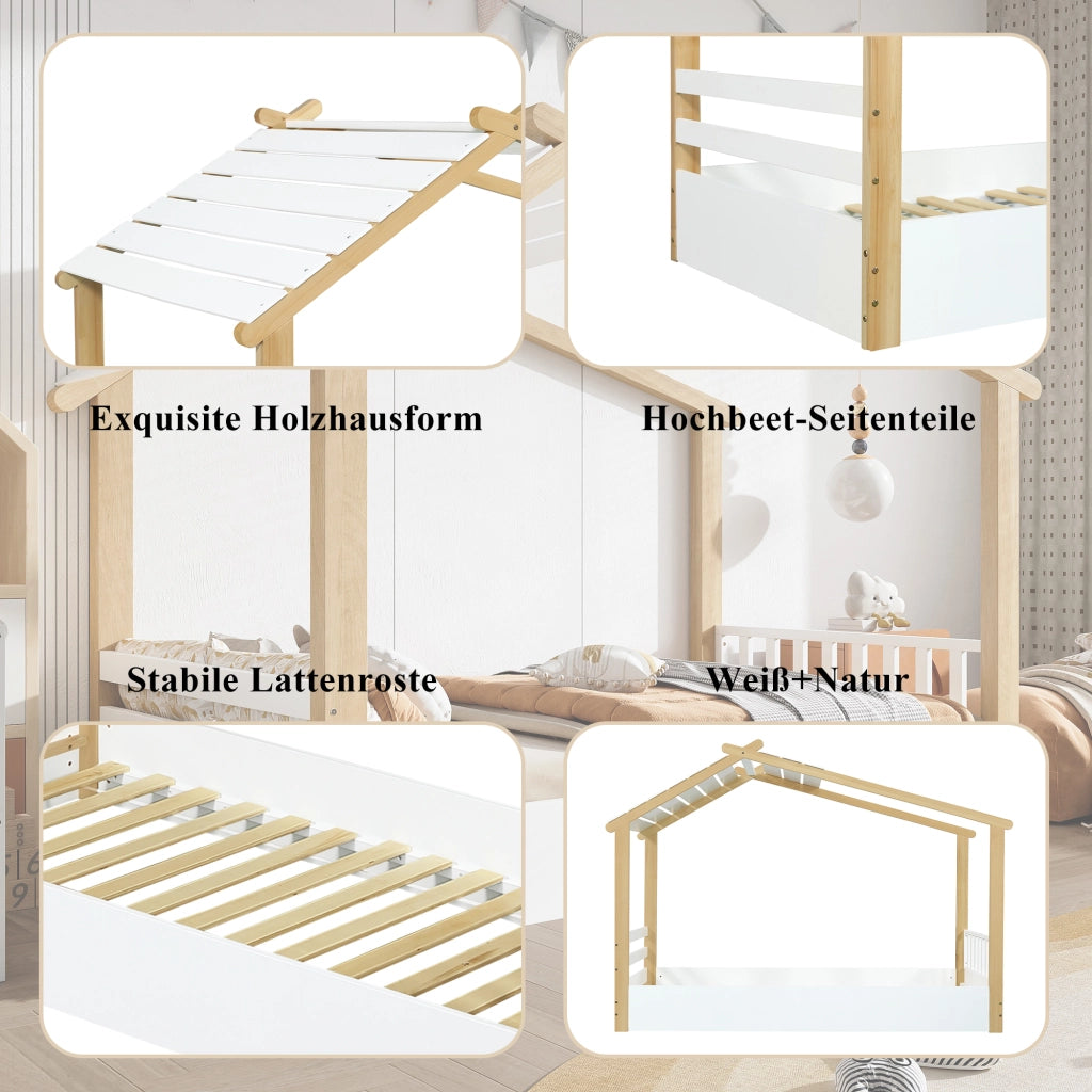 Letto singolo per bambini a forma di casetta; doghe incluse; legno di pino e MDF; bianco e naturale; 90x200 cm