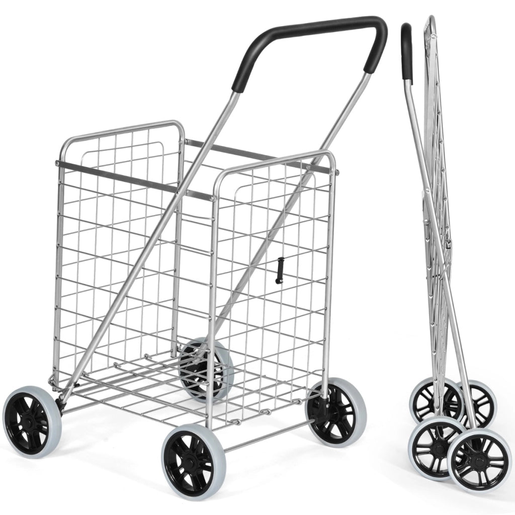 Carrello spesa pieghevole con ruote girevoli a 360° capacità 45 kg-Carrello multiuso portatile Argento