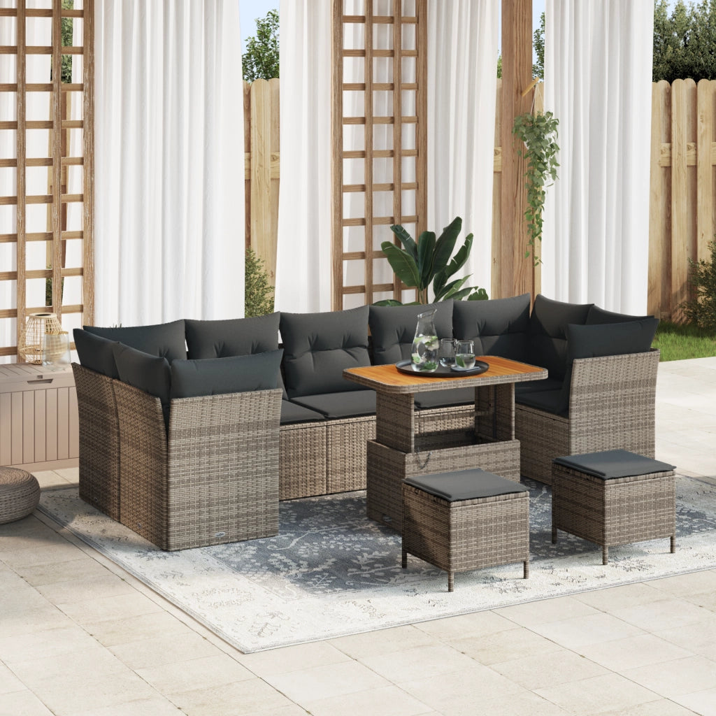 Set Divano Giardino 10 Pezzi Cuscini Grigio Polyrattan Acacia
