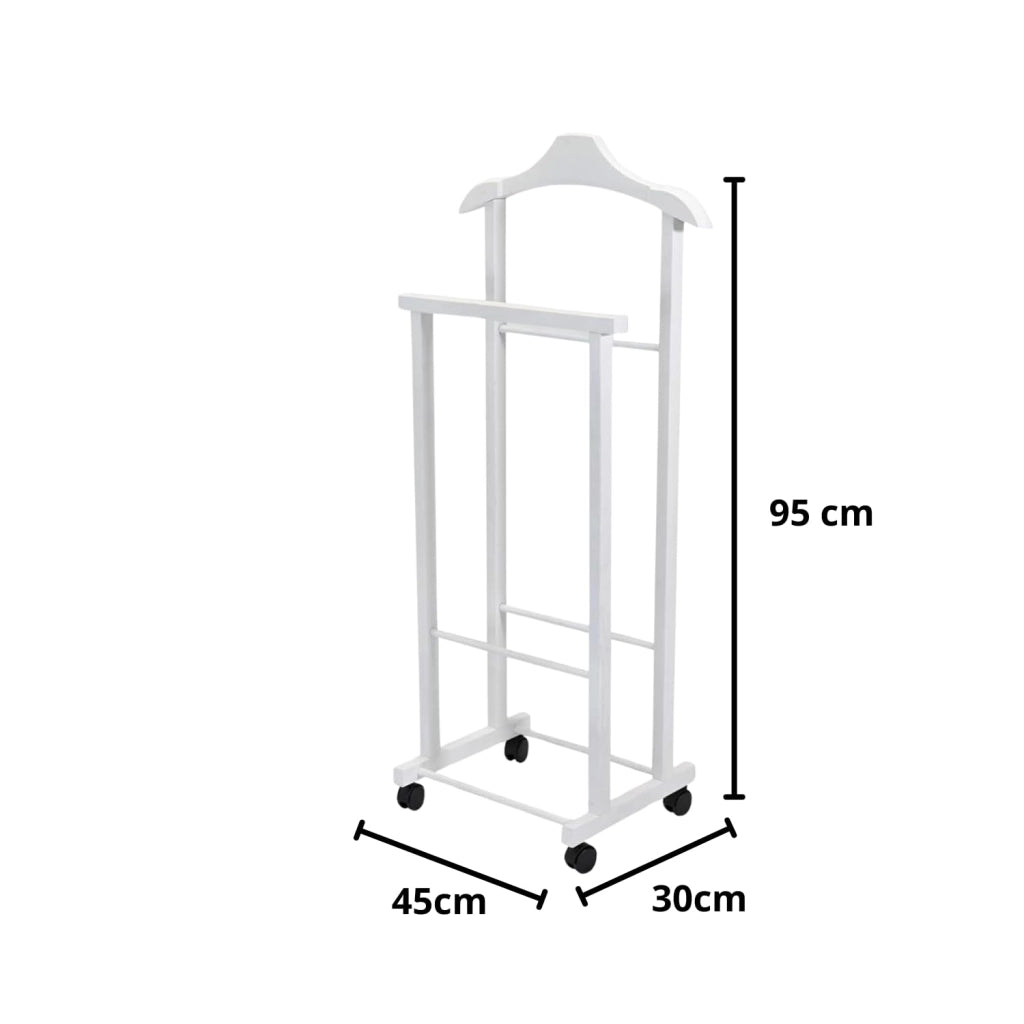 OWIJI Indossatore Appendiabiti Legno Faggio Rotelle Servo Muto Doppio Dimensioni 45 x 30 x 95 cm Appendiabiti Vestiti Camera Letto Cabina Armadio Unità: 1 Unità, Colore: Bianco