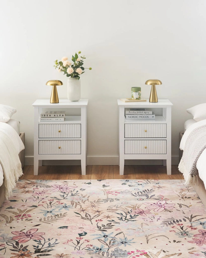 Set di 2 Comodini a 2 cassetti MDF bianco 1 ripiano Maniglia oro Camera da letto Elegante