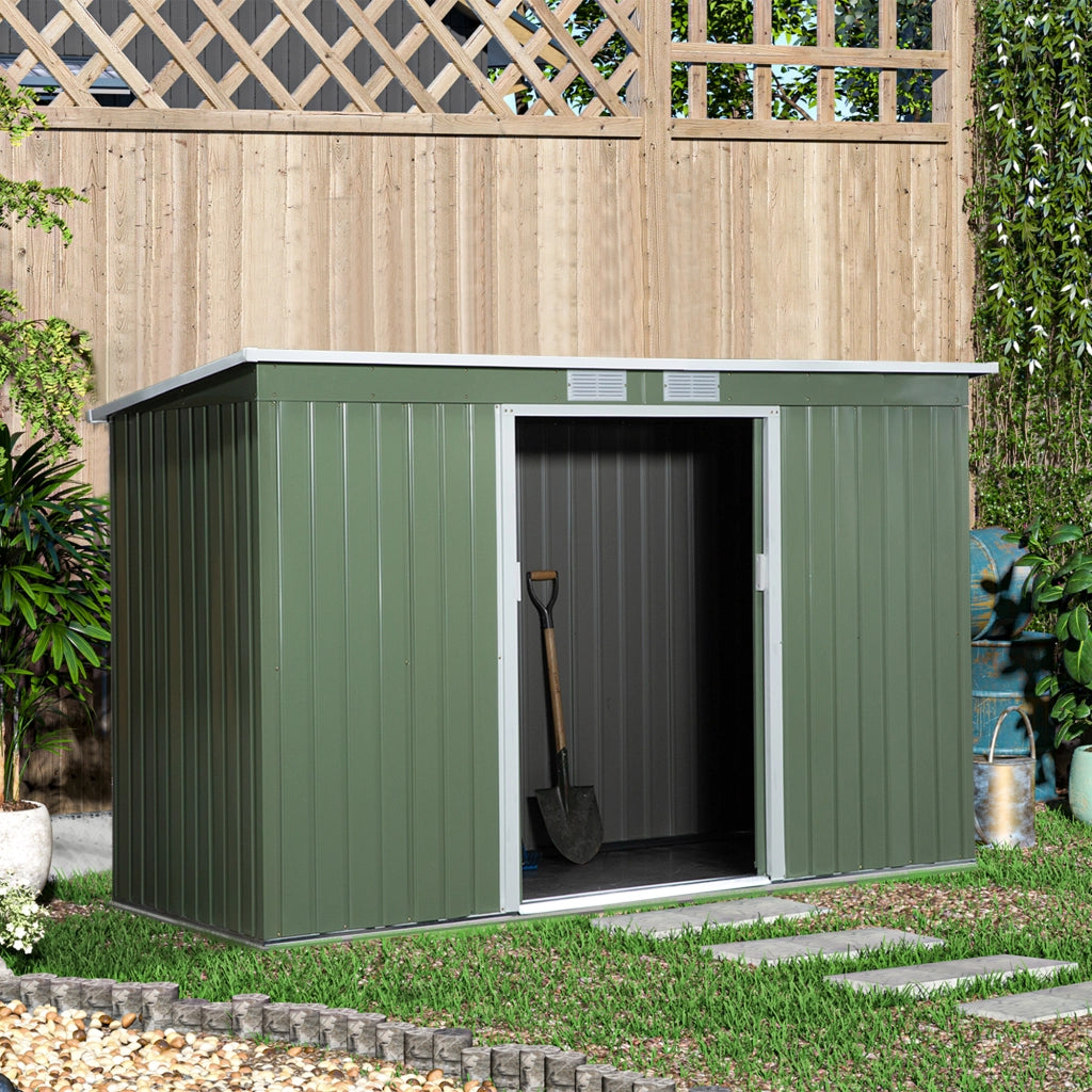 EasyComfort Casetta da Giardino Porta Utensili in Lamiera di Acciaio con Fondazione, Capanno da Giardino in Acciaio con Porte Scorrevoli, 280x130x172cm, Verde Chiaro