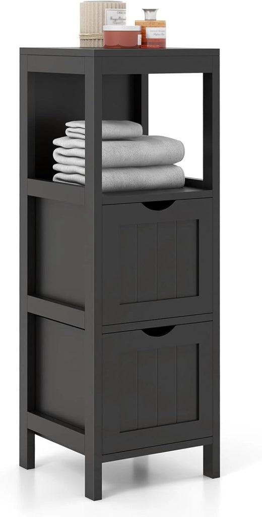 Mobile da Bagno, Mobile da Terra con 2 Cassetti e Vano Aperto, con Design Antiribaltamento, per Bagno, Camera da Letto, Salotto e Cucina, 30 x 30 x 90 cm (Modello 2)