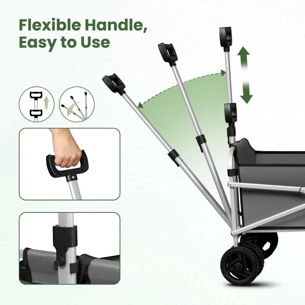 Carrello con Ruote, Carrello Pieghevole con 4 Ruote Doppie, per Spiaggia, Giardino, Campeggio, Viaggio, Oxford+Metallo, Grigio Scuro