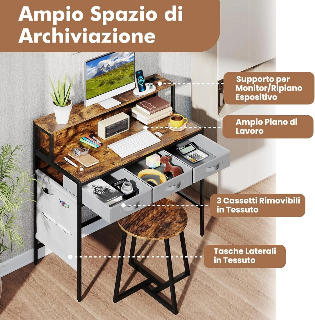 Scrivania per Computer con Supporto Monitor, Set Scrivania Salvaspazio con Sgabello, 3 Cassetti, Tasche Laterali, Stazione di Ricarica, Set Toeletta Trucco per Soggiorno Studio (Marrone)