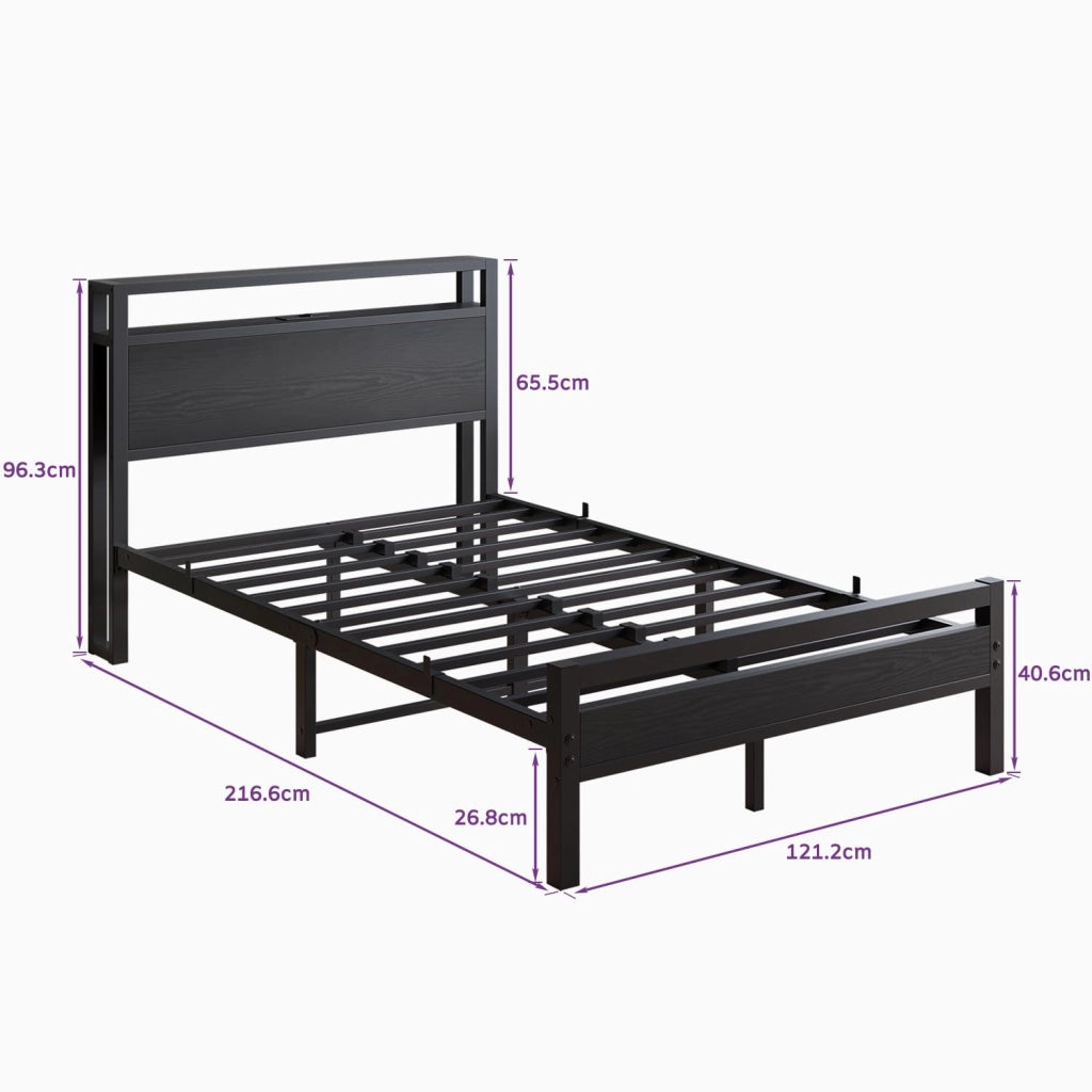 Letto 120x200 con contenitore, struttura in metallo, USB e luci LED, testiera con ripiani, nero