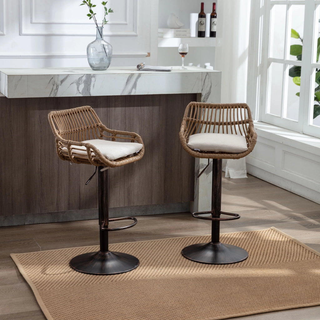 Sgabelli da bar in rattan girevoli e regolabili in altezza - Zephmum - Set di 2, moderno, per cucina e soggiorno (Beige)