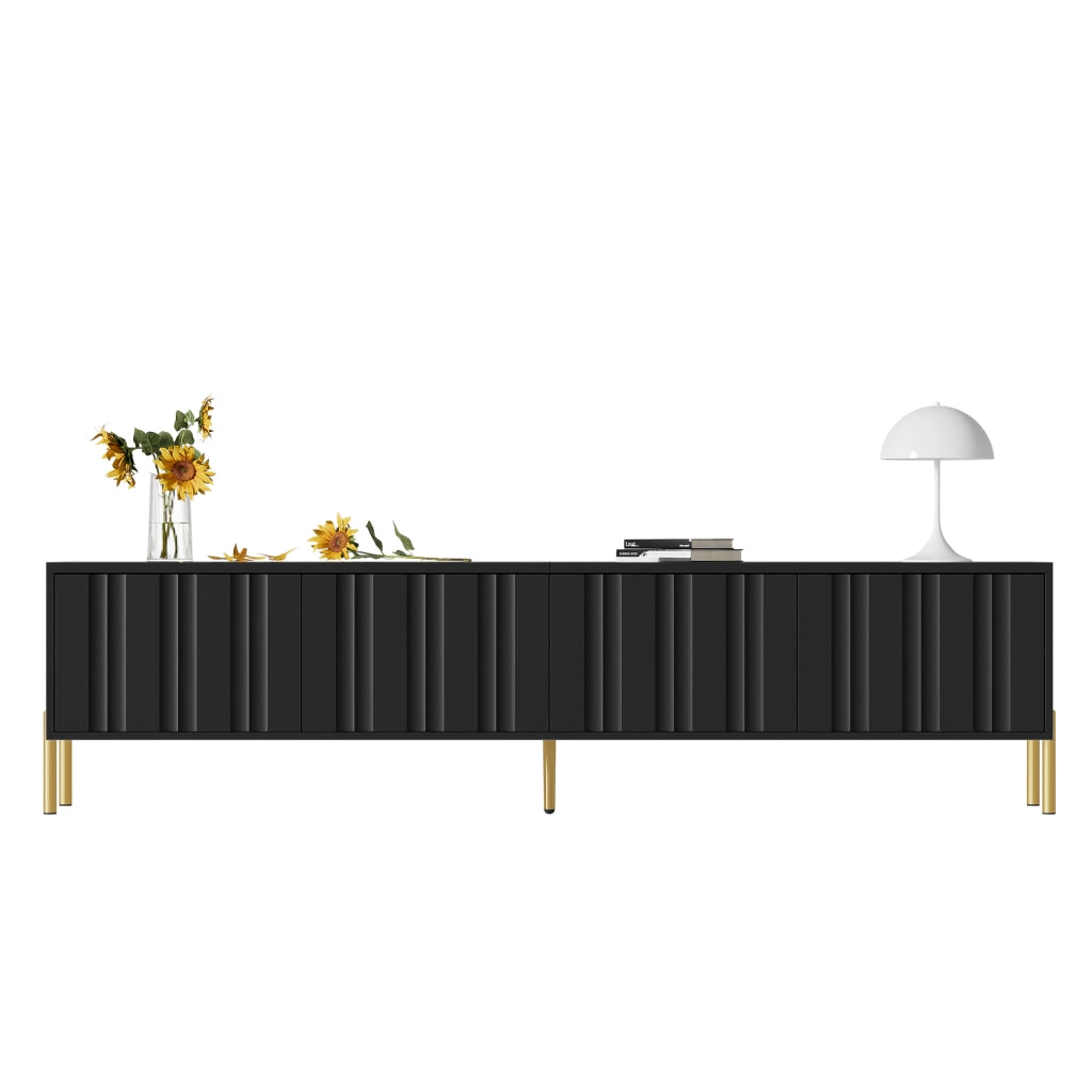 Mobile TV con 4 Ante e 8 Ripiani; Ante Scanalate; Gambe Dorate; per Soggiorno; in MDF e Pannelli di Particelle; Nero; 190×38×48 cm