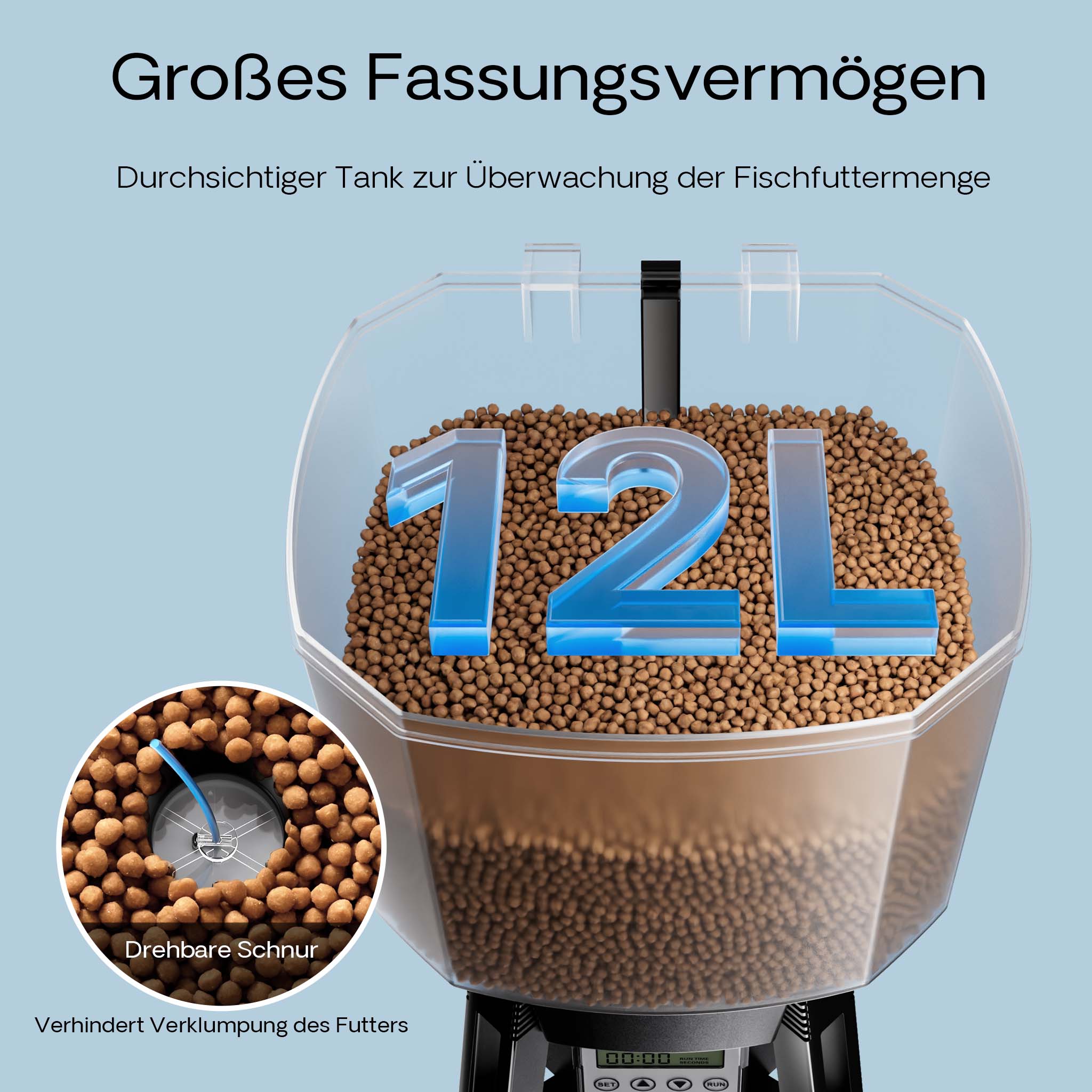 CFF-212 Mangiatoia per pesci ad energia solare, distributore automatico di mangime per laghetti, programmabile, con contenitore da 12 litri per 1-6 somministrazioni al giorno