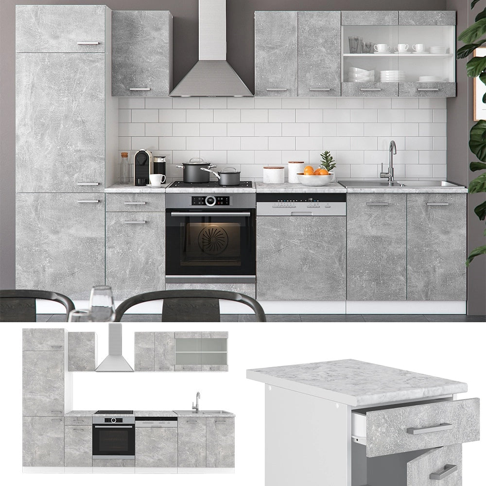 Cucina componibile R-Line Calcestruzzo/Bianco 300 cm senza piano di lavoro Vicco