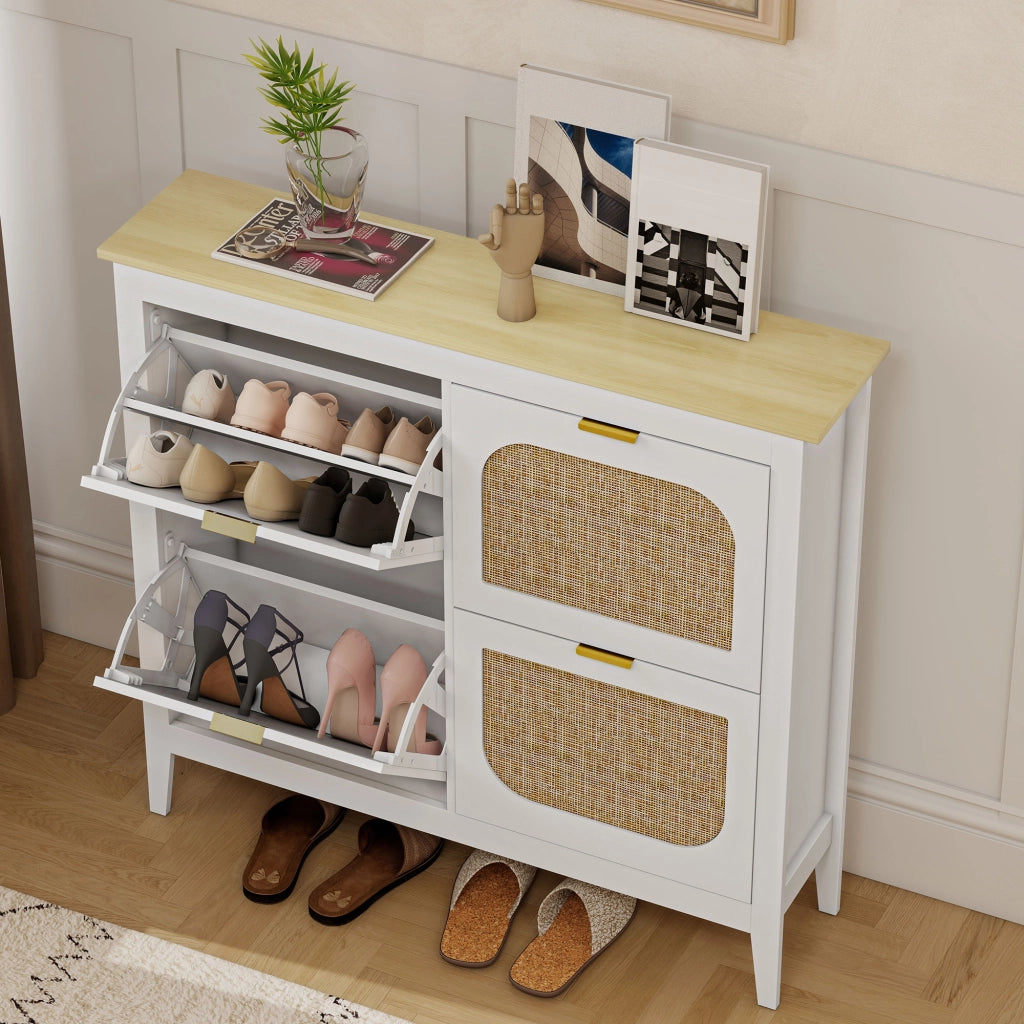 Mobile per Scarpe con 4 Ante in Rattan e Ripiani Regolabili ¨C Zephmum ¨C Bianco 105x24x95,5 cm