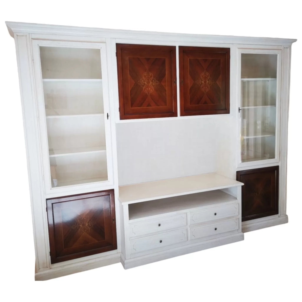 Parete attrezzata shabby legno bianca noce con intarsi 322x56x237 (344) - Mobili 2G