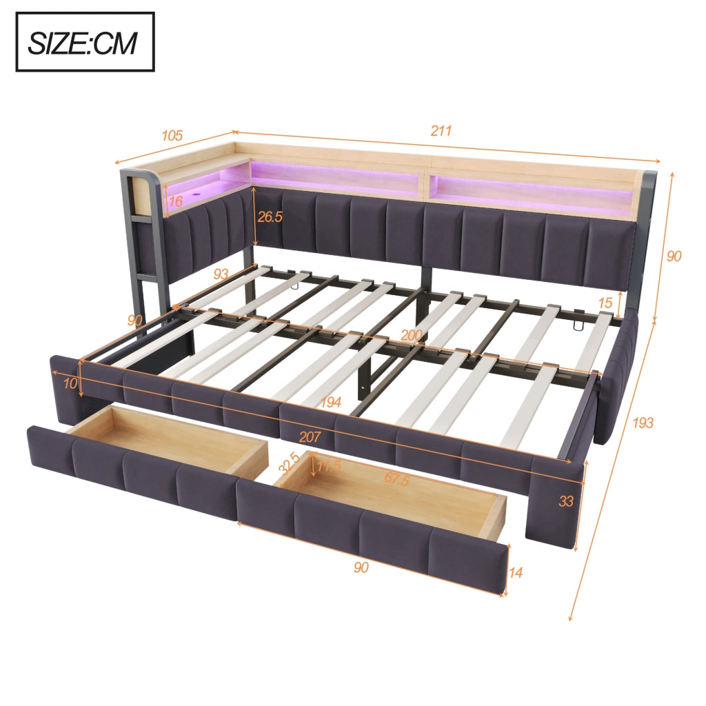 Divano letto imbottito 90x200 trasformabile 180x200, contenitori, cassetti, LED e USB/Type-C