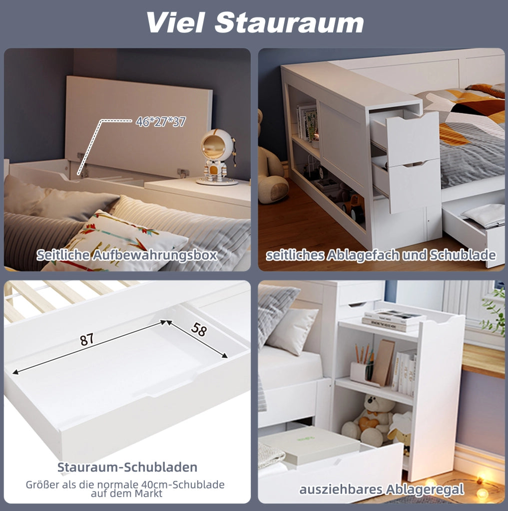 Letto bambini multifunzione 90x200 cm in MDF bianco con cassetti; ripiani e comodino