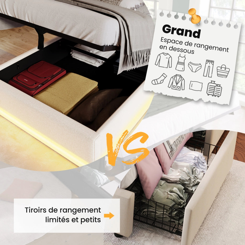 Letto Contenitore Singolo con USB; Tipo C e LED Regolabile 90×200 cm; senza Materasso; in PU Bianco
