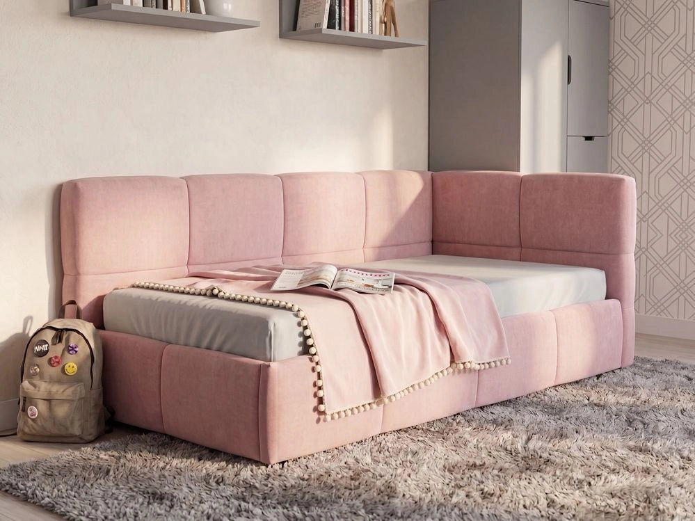 Divano letto imbottita in tessuto rosa lato destro 90x200 cm con pouf contenitore a forma di L