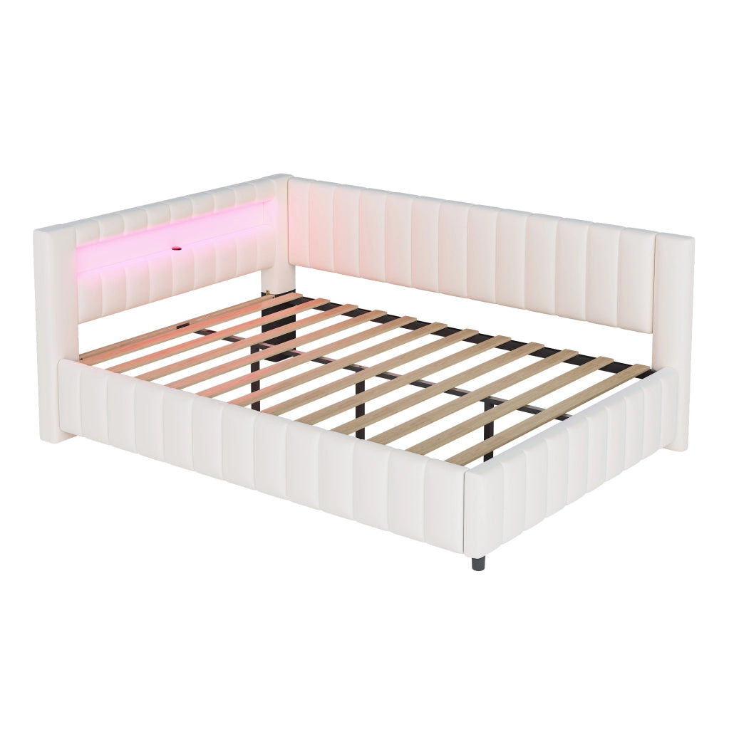 Divano letto angolare imbottito 140x200 cm in velluto beige con LED e porta USB