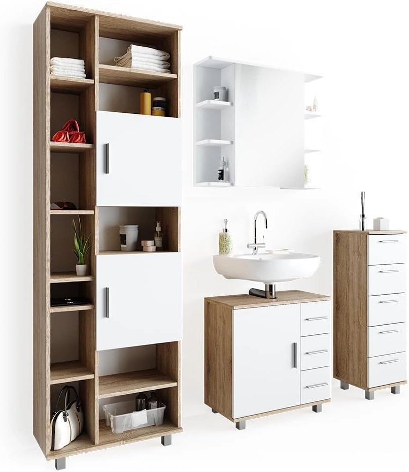 Set mobili bagno Ilias, Sonoma, 60 cm, composto da mobile lavabo, pensile a specchio, colonna e base media