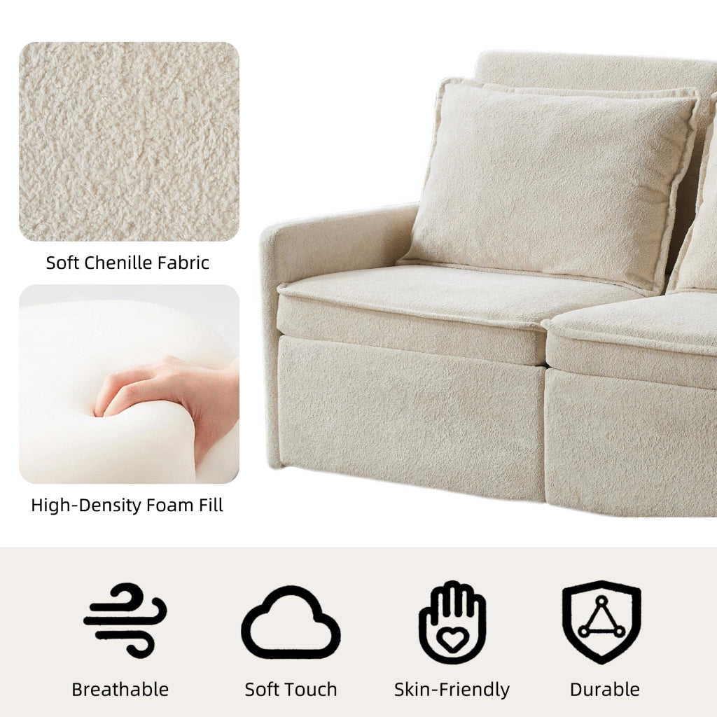 Divano letto 3 posti con schienale regolabile 5 posizioni, tasche laterali e USB, in ciniglia, beige
