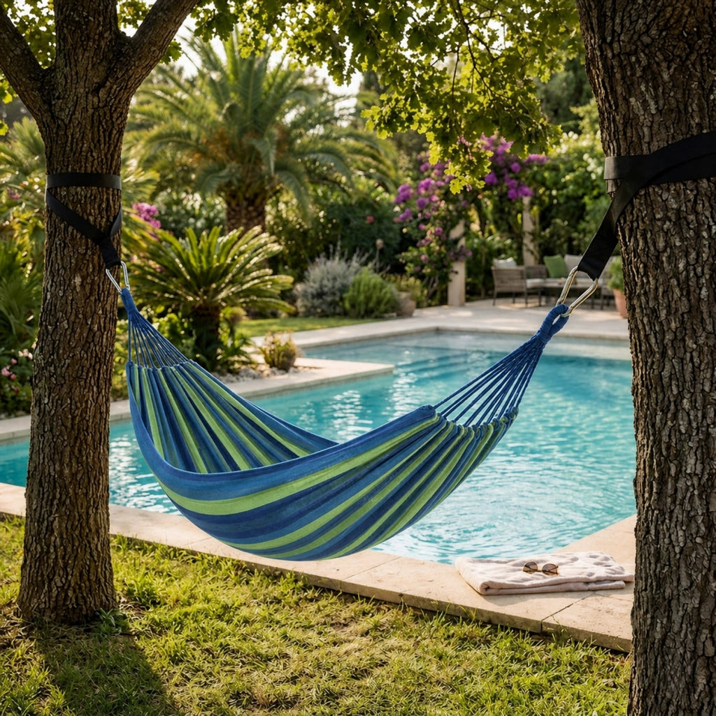 Amaca Per Campeggio E Giardino Con Borsa Portaoggetti Cinghie E Moschettoni Inclusi Design Anti Ribaltamento Cotone Robusto Portata 300 Kg 270 x 150 Cm Blu