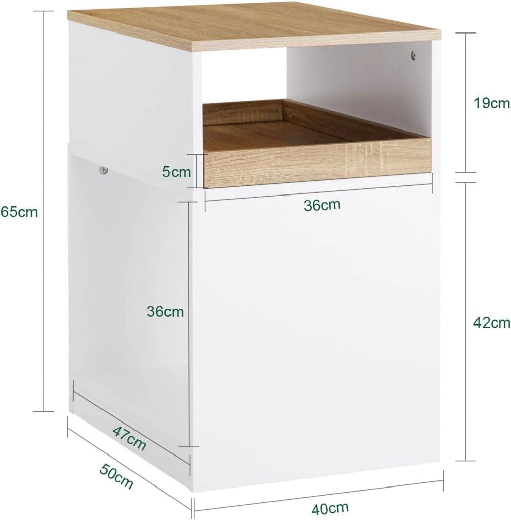 Cassettiera Scrivania con Ruote Cassettiera Ufficio con Scomparto Aperto e Cassetto Rimovibile Mobile Ufficio Porta Stampante Salvaspazio Bianco e Naturale 40x50x65cm ASK08-WN