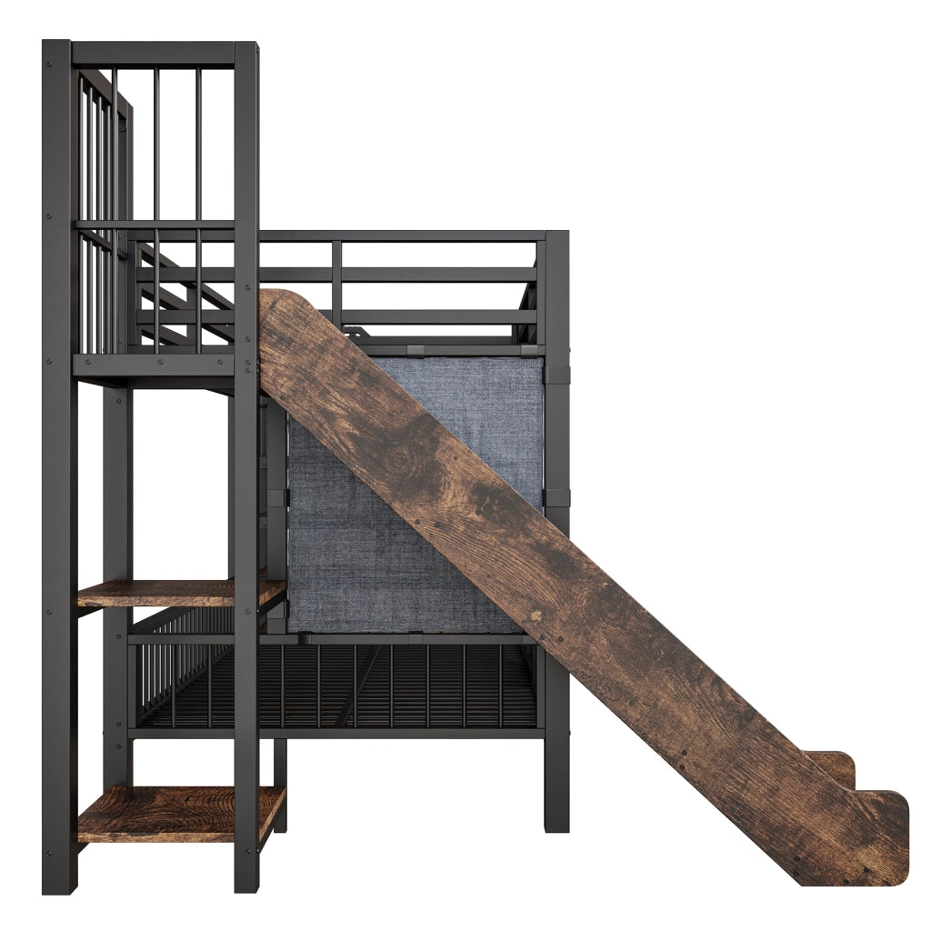 LETTO a soppalco 90x200 cm in metallo nero con scivolo e scala contenitore