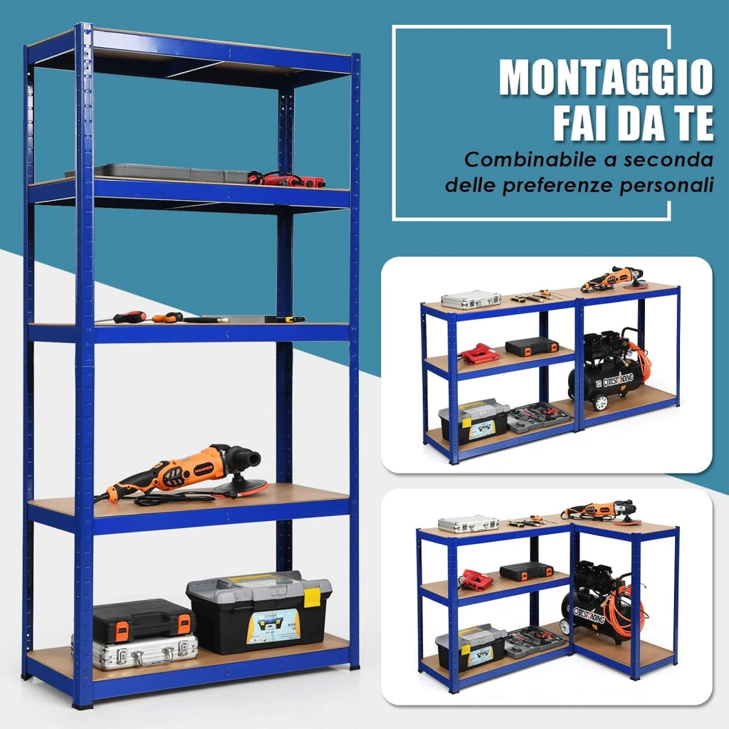 Scaffali per Carichi, Scaffalature a 5 Ripiani, in Metallo e MDF Scaffale, per Garage, Magazzino, Ripostiglio, Portante 875 kg, 90 x 40 x 180 cm (Blu)