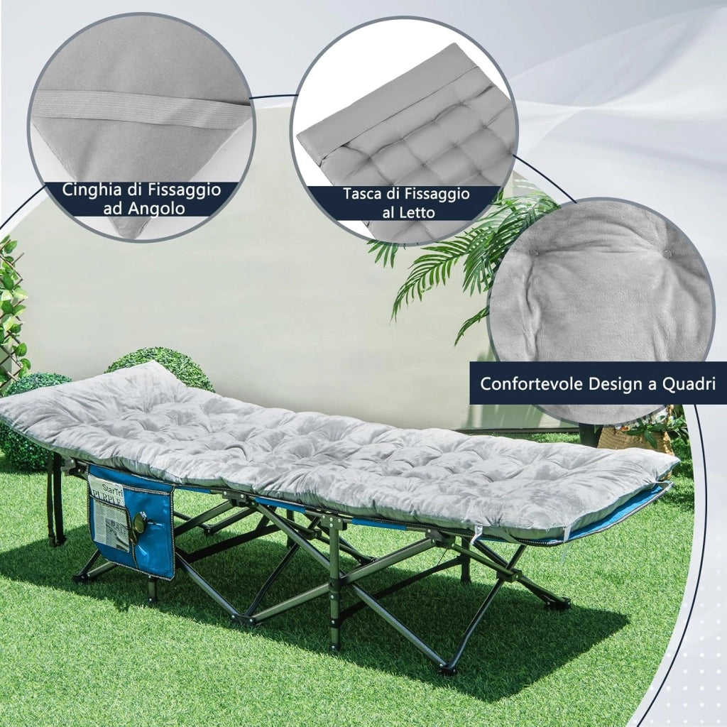 Cuscino per Sdraio, Cuscino Spesso da 190 x 70 x 7 cm con 4 Cinghie di Fissaggio, Tasca per Fissare al Letto, per Lettino da Campeggio, Vacanze in Campeggio (grigio)