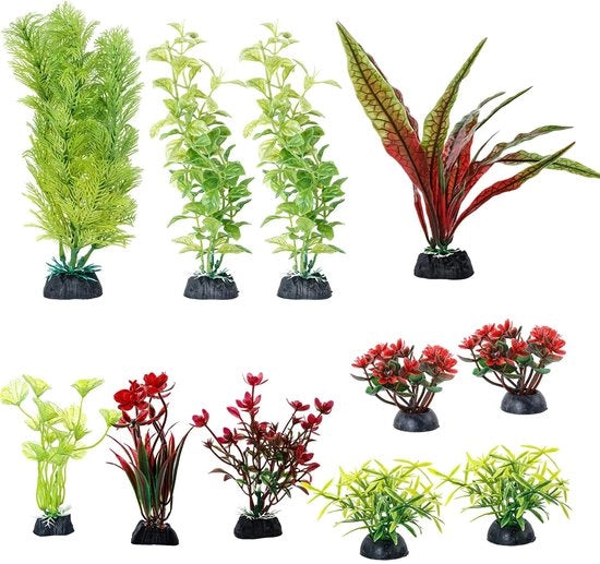 Decorazioni per acquario - Piante artificiali - Realistico mondo subacqueo - Verde - Accessori tartaruga - 11 pezzi - Adatto per acquari.