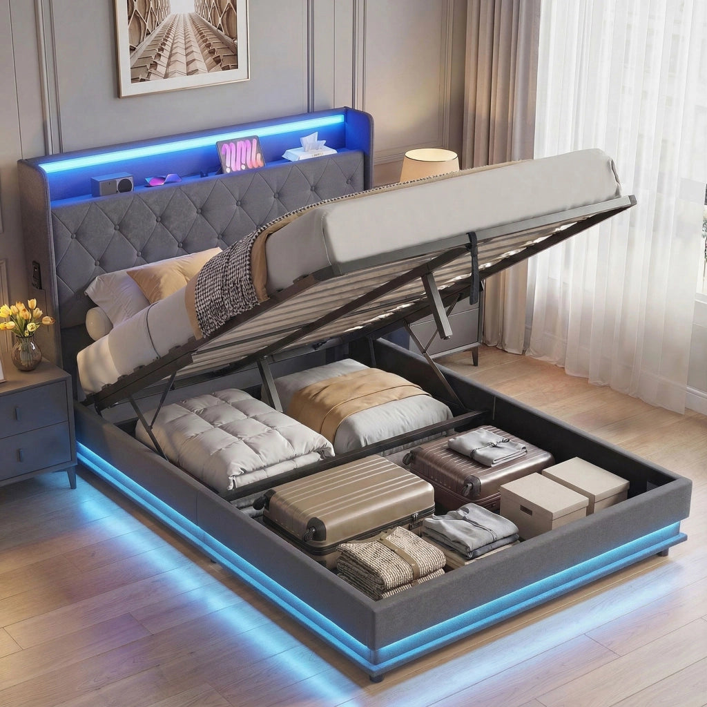 Letto contenitore imbottito con testiera e luce LED ¨C zephmum ¨C 140x190 cm grigio con contenitore idraulico