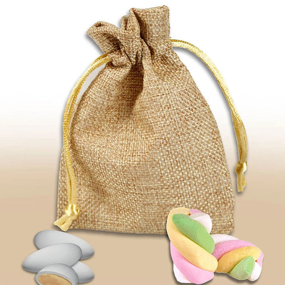 Trade Shop - 20 Sacchetti In Tessuto Juta Porta Confetti Marrone Bomboniera Festa 9x12 Cm -