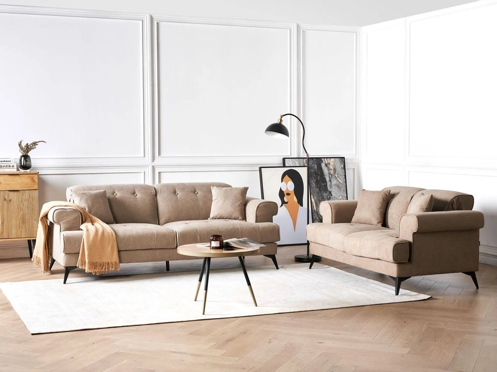 Set di divani imbottiti 3 e 2 posti in tessuto marrone chiaro con poggiatesta regolabile stile moderno