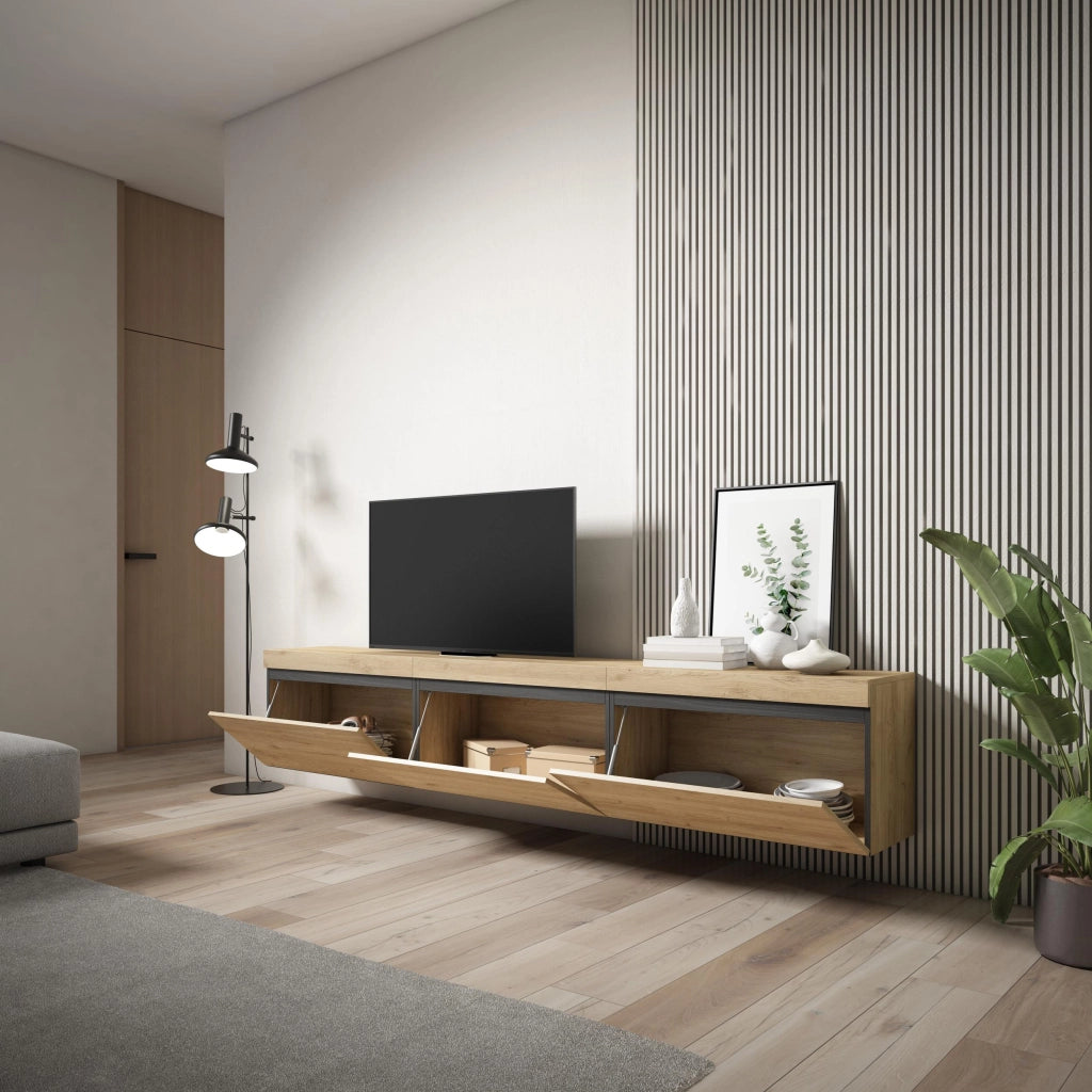 Mobile TV Soggiorno, 240x35x45cm, da appendere, colore Rovere RF3600
