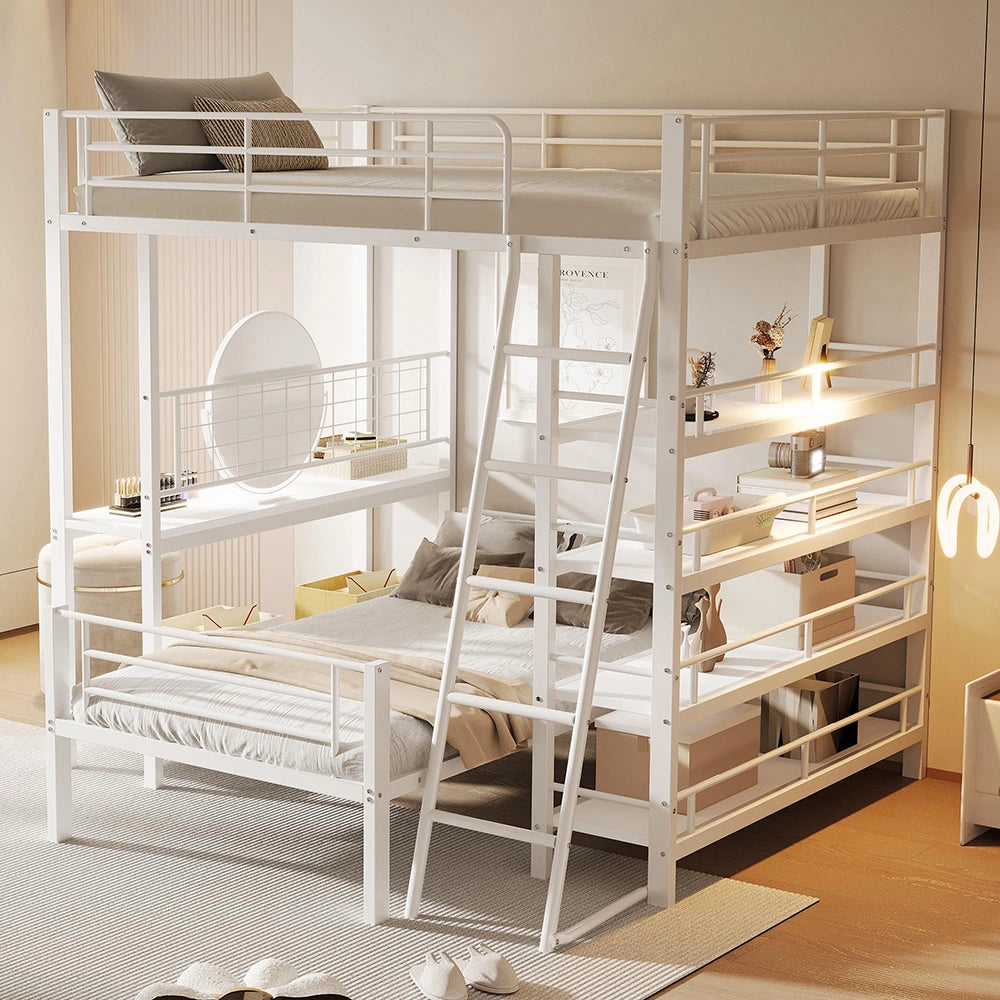 Letto mezzanino metallico 140x200cm - Xylo - bianco, ripiani integrati