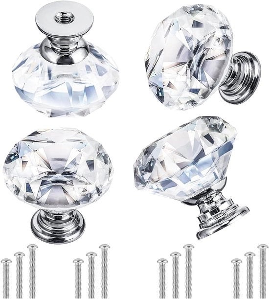 Set di 4 maniglie - 30 mm - Forma cristallina - Inclusi 3 viti maniglie per armadi per bambini
