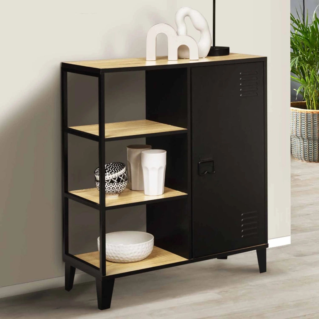 IDMarket - Credenza a 3 ripiani con armadietto in metallo nero e piano in legno 70 cm ESTER industrial design