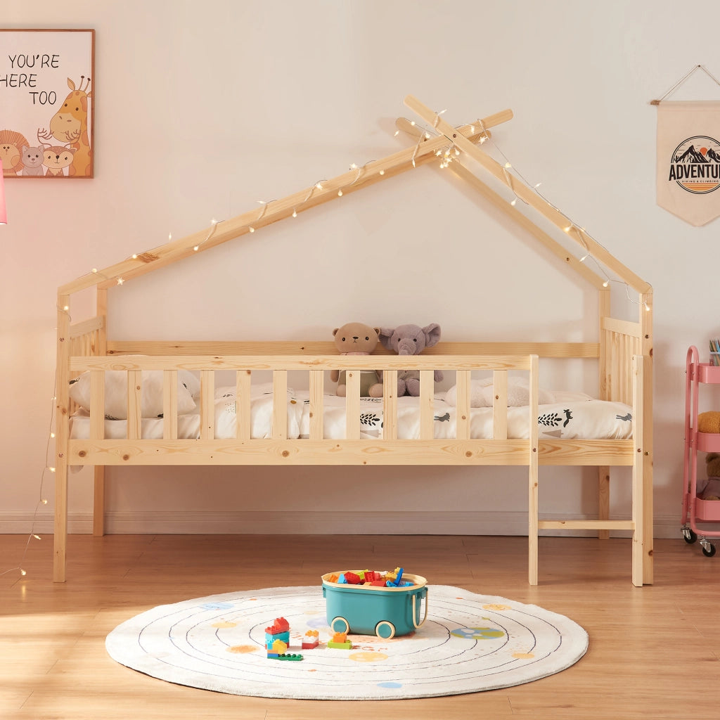 Letto a Casetta per Cameretta Sotkamo in Legno con Materasso 90x200 cm - Naturale [en.casa]