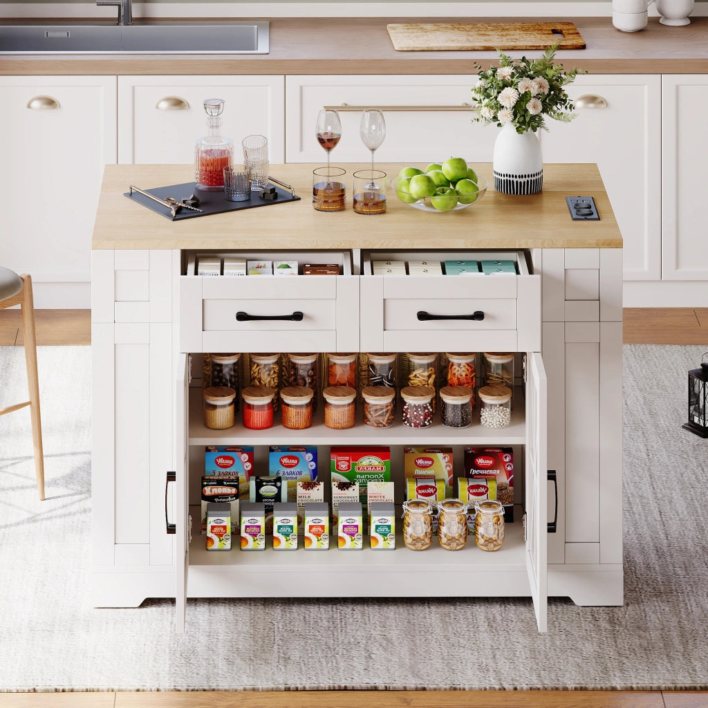 Carrello da Cucina con 2 Ante in Vetro; 1 Cassetto; 6 Ripiani Aperti; Prese e USB; Piano Pieghevole; MDF; 120 x 40 x 92 cm