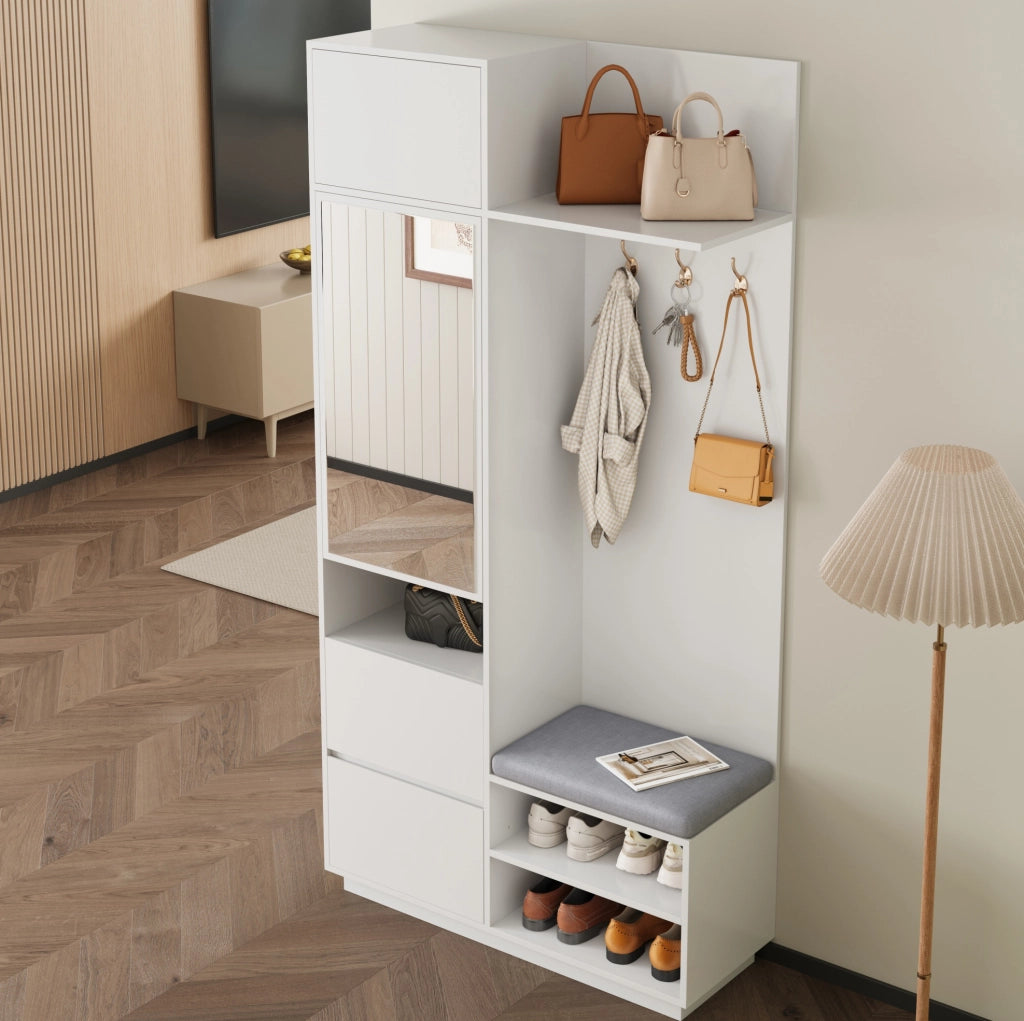 Mobile ingresso 5 in 1 con specchio; panca e scarpiera 90x34;5x190 cm; bianco in MDF