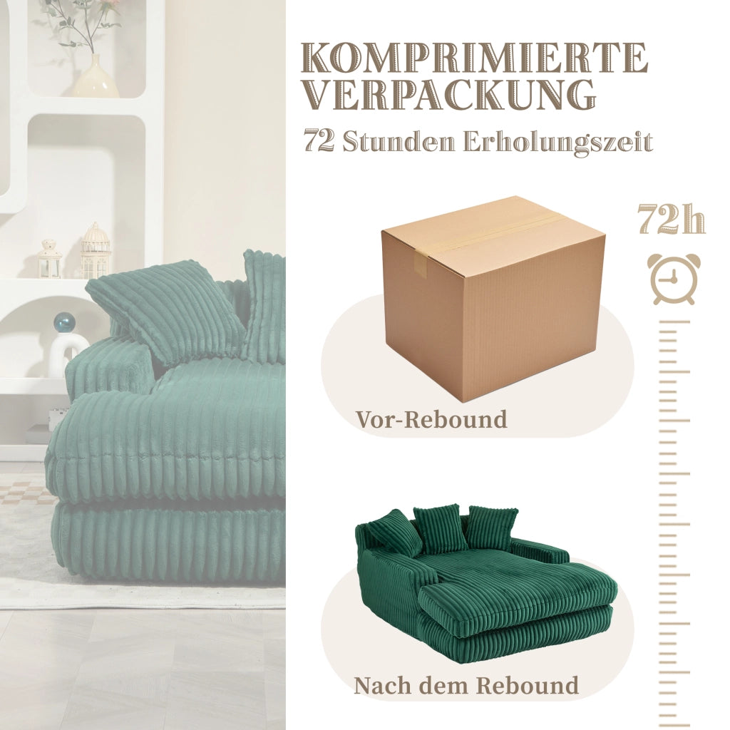 Chaise Longue Poltrona da Pavimento con Design Ergonomico e 3 Cuscini, in Velluto a Coste Smeraldo 125 × 155 × 63 cm
