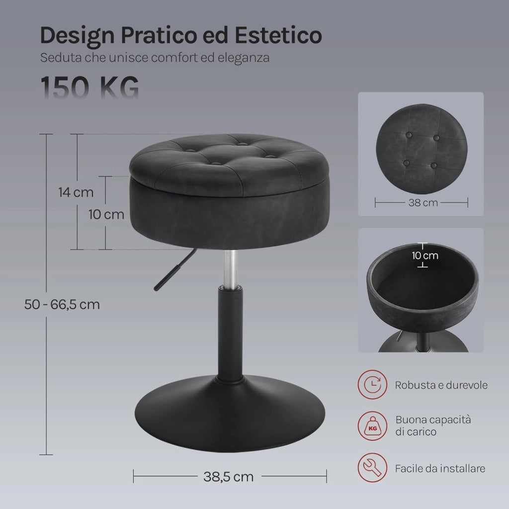 Sgabello da Trucco Girevole, Sedile Regolabile in Altezza, Sedia da Bar Rotondo con Contenitore, Pelle sintetica vintage, Base in Metallo, per Cucina, Soggiorno, Antracite, BH439an-1