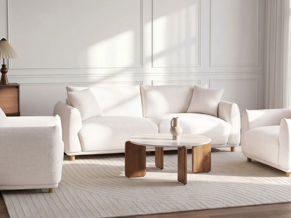 Divano a 3 posti in tessuto con cuscini decorativi gambe in legno bianco sporco divano moderno per soggiorno