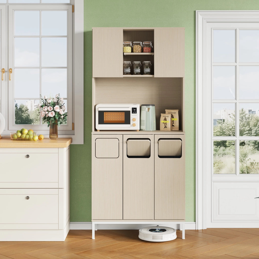 Colonna da cucina con vano rifiuti e ripiano per microonde in MDF effetto legno chiaro bianco 80 × 35 × 181 cm