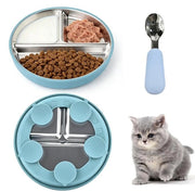 Ciotola per Gatti Piana - Ciotole per Cibo in Acciaio Inossidabile - Cucchiaio - Manici di Silicone Rimovibili - Adatto per Gatti/Cani Piccoli - 3 Compartimenti - Ciotola per Cibo