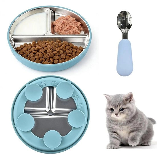 Ciotola per Gatti Piana - Ciotole per Cibo in Acciaio Inossidabile - Cucchiaio - Manici di Silicone Rimovibili - Adatto per Gatti/Cani Piccoli - 3 Compartimenti - Ciotola per Cibo