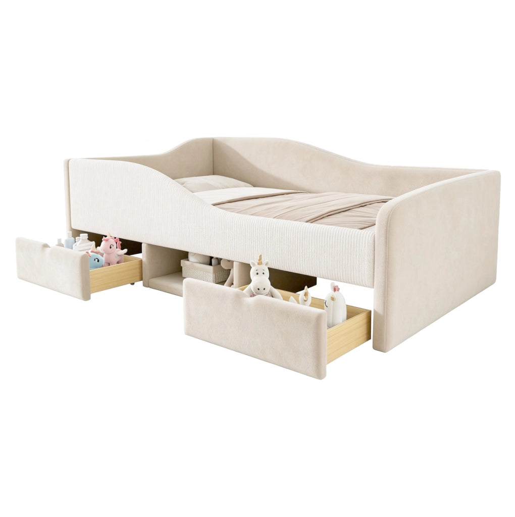 Letto per bambini 90x190 cm in velluto beige con 2 cassetti e sponde imbottite