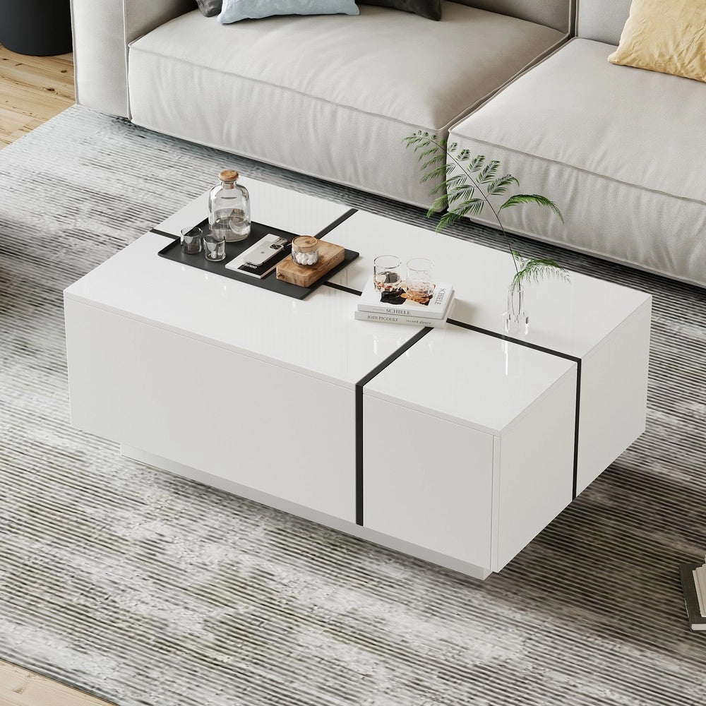 Tavolino da Caff¨¨ Quadrato con 4 Cassetti e Piano Scorrevole ¨C MINIMAL ¨C Bianco Lucido 100x60x40