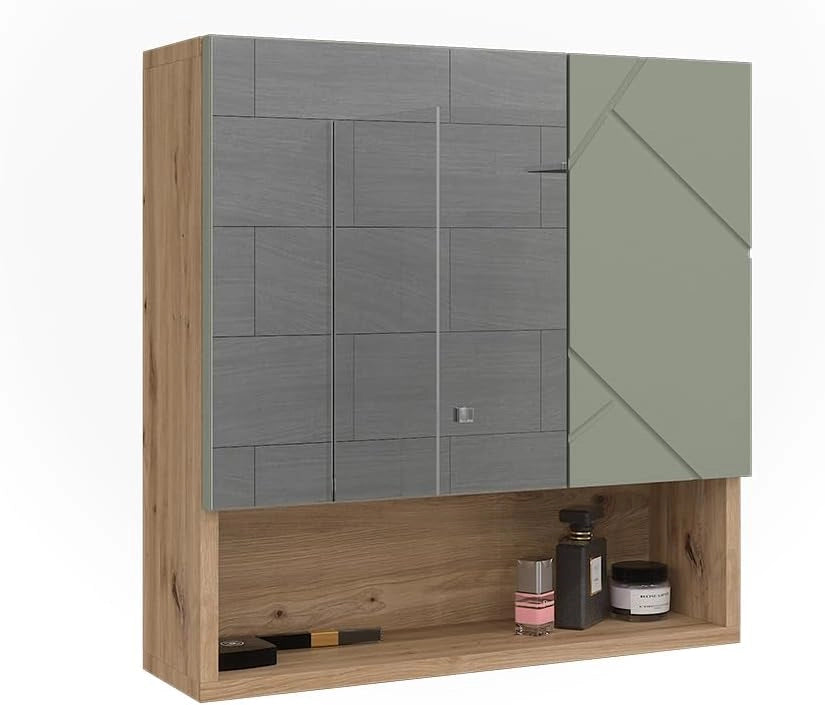 Specchio contenitore bagno Irma, Verde salvia, 54 x 55 cm, per montaggio a parete con specchio e vani a giorno